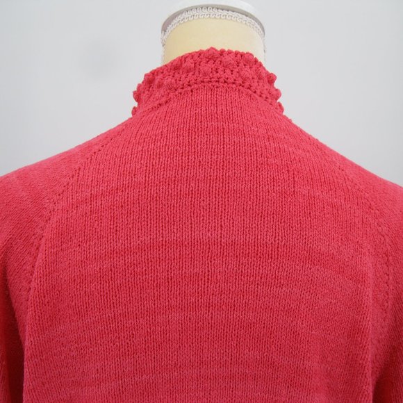 Handknit Cardigan Raised Popcorn Design Trim Bright Rose Womens Button Up L / XL - Picture 5 of 15